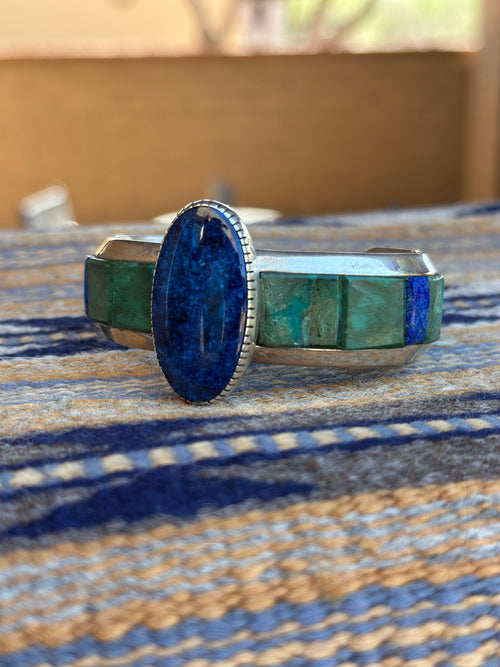 Old Pawn Lapis and Malachite Inlay Cuff by artists Michael and Causandra Dukepoo /