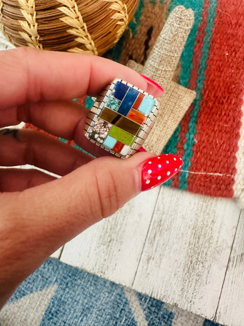 Old Pawn Navajo Sterling Silver & Multi Stone Inlay Ring Size 9.75