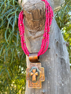 Copper Cross Pendant on Hot Pink Beaded Necklace