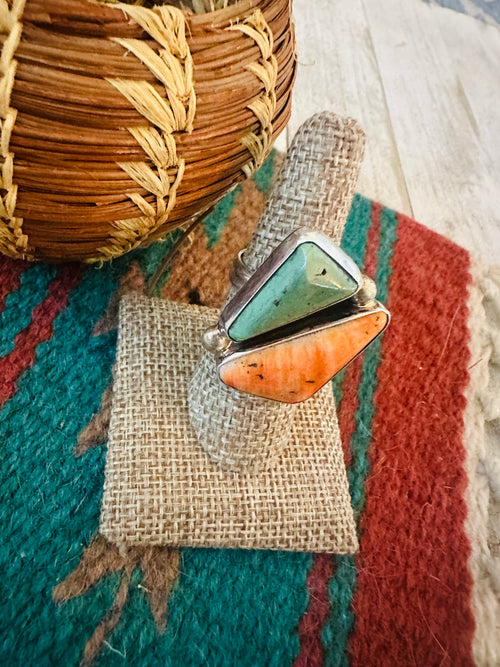 Old Pawn Navajo Sterling Silver, Turquoise & Spiny Adjustable Ring
