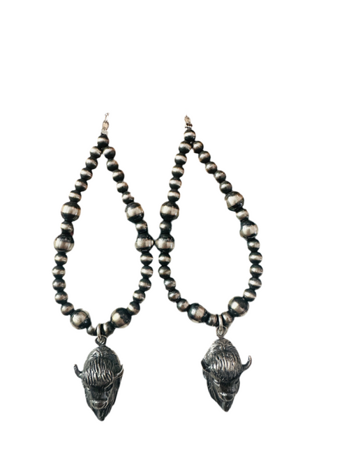 Handcrafted Sterling Silver Pearl Beaded Bison Head Hoop Earrings