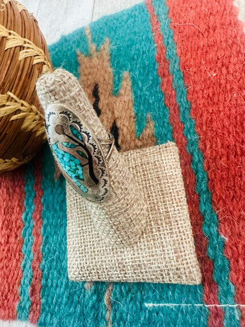 Old Pawn Navajo Sterling Silver, Turquoise & Coral Inlay Bird Ring Size 6