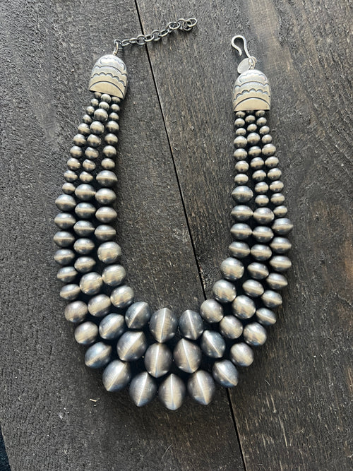 Handcrafted Sterling Silver Triple Strand Bead Statement Necklace by Rose Martin