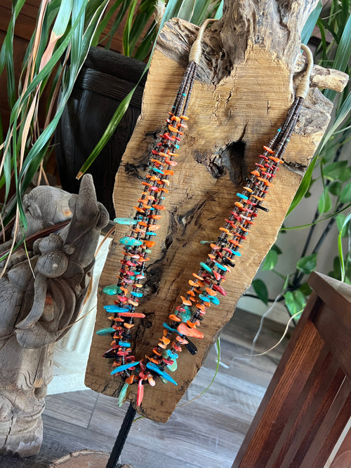 Gorgeous Handcrafted Five Strand Spiny Oyster and Turquoise Beaded Squaw Wrap Necklace with Tabs by Daniel Coriz