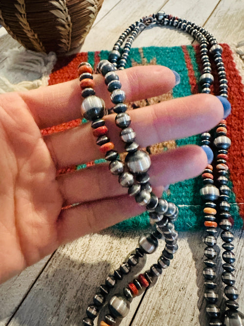 Handcrafted Orange Spiny & Sterling Silver Beaded Necklace 60”