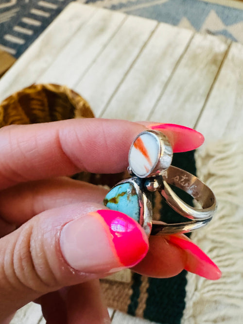 Old Pawn Navajo Sterling Silver, Turquoise & Spiny Ring Size 8