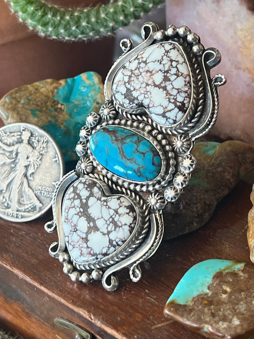 Apache Sterling Silver, Wild Horse Heart and Egyptian Turquoise Statement Ring by Rosella Paxson, Size 6.5