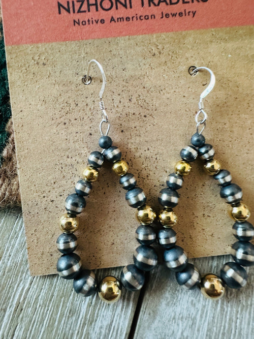 Handcrafted Gold & Sterling Silver Pearl Beaded Dangle Hoop Earrings