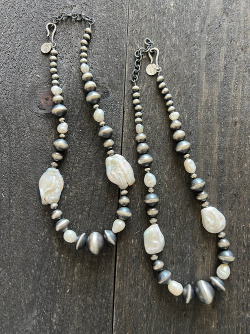 Navajo Sterling Silver and Freshwater Pearl Handmade Beaded Necklace by Rose Martin, 16 Inches