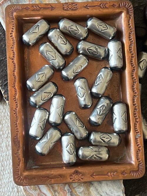 Handmade Stamped Sterling Silver Barrel Beads, Intersection