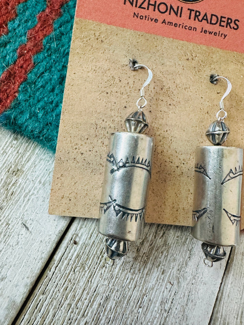 Navajo Hand Stamped Sterling Silver Pearl Dangle Earrings