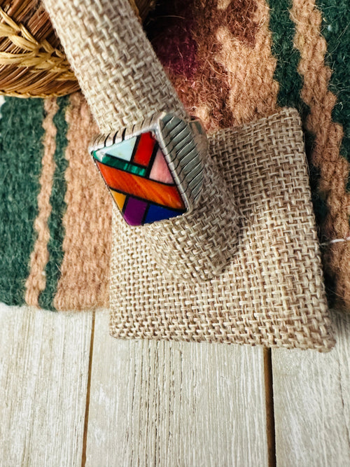 Old Pawn Handcrafted Multi Stone & Sterling Silver Inlay Ring Size 9