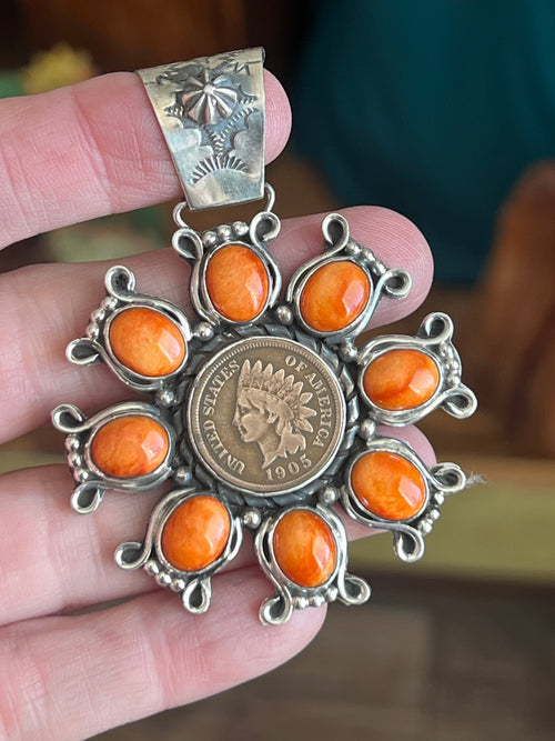 Sterling Silver, Indian Head Penny and Spiny Oyster Shell Cluster Pendant by Rosella Paxson