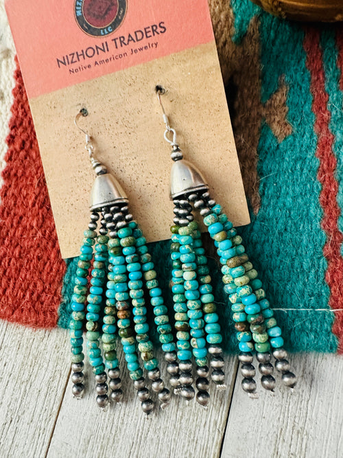 Handcrafted Turquoise & Sterling Silver Pearl Beaded Tassel Dangle Earrings