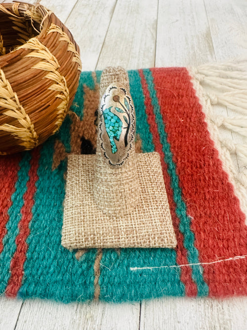 Old Pawn Navajo Sterling Silver, Turquoise & Coral Inlay Bird Ring Size 6