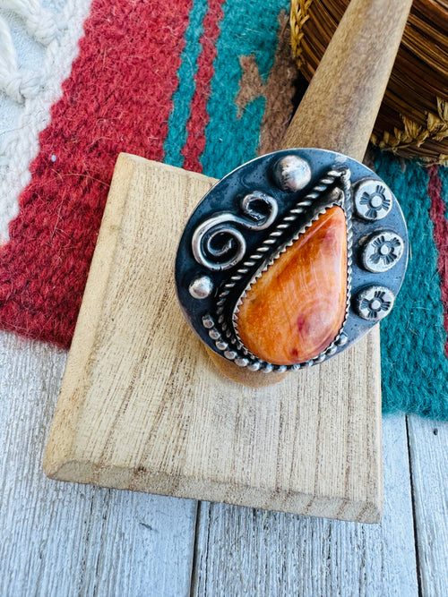 Old Pawn Navajo Sterling Silver & Orange Spiny Ring Size 8