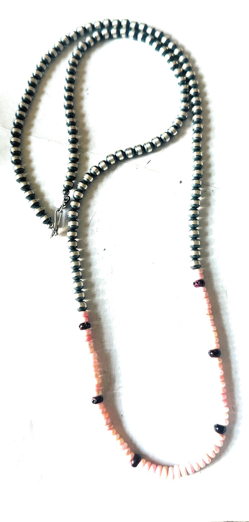 Handcrafted Sterling Silver Pearl, Queen Pink Conch & Spiny Beaded 30” Necklace