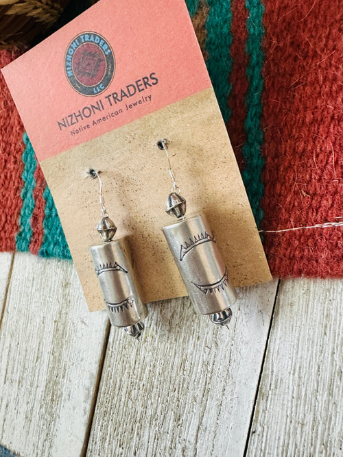 Navajo Hand Stamped Sterling Silver Pearl Dangle Earrings