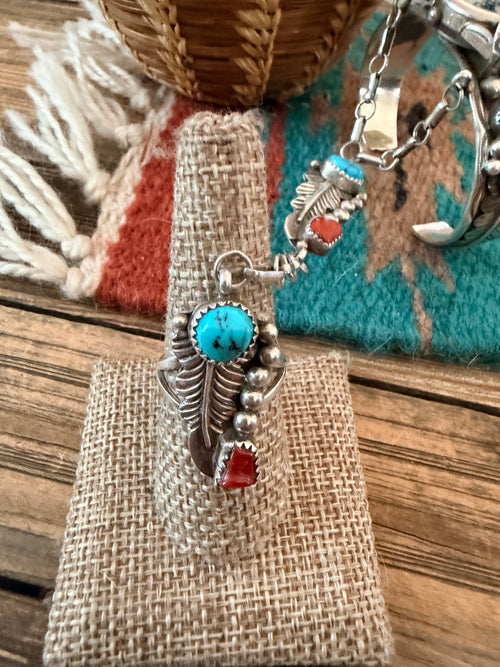 Handcrafted Old Pawn Turquoise, Coral & Sterling Silver Watch Cuff with Hand Chain