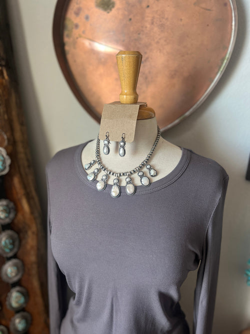 Handcrafted Sterling Silver and Freshwater Pearl Beaded Necklace & Earrings Set by Loretta Delgarito