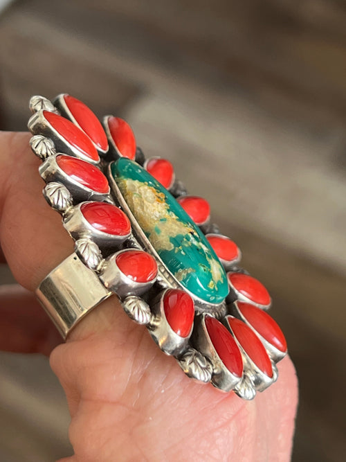 Handcrafted Sterling Silver, Royston Turquoise and Mediterranean Coral Cluster Ring by Tyler Brown, Adjustable