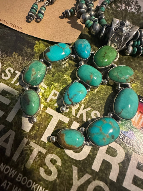 Handmade Sterling Silver Kingman Turquoise Beaded Naja Necklace Set By Dan Dodson