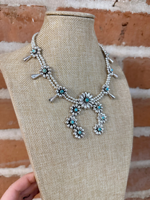 Handmade Sterling Silver & Turquoise Flower Squash Blossom Necklace
