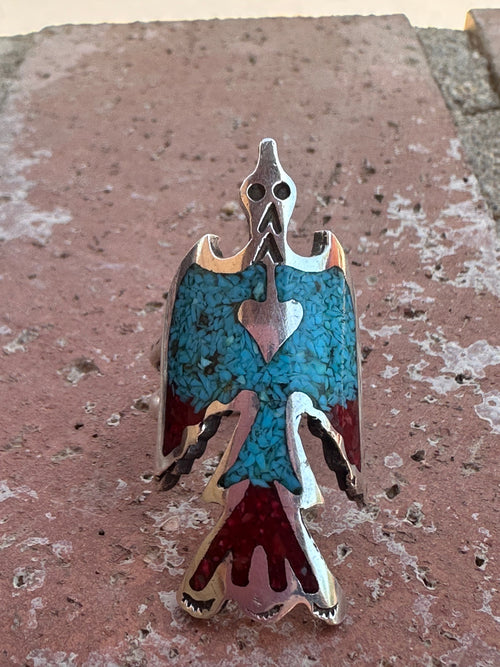 Old Pawn Navajo Coral and Turquoise Chip Inlay Waterbird Ring Size 13.5