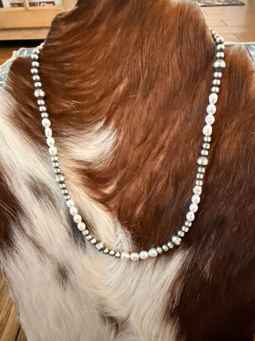 Handcrafted Mother of Pearl and Sterling Silver Pearl Beaded Necklace