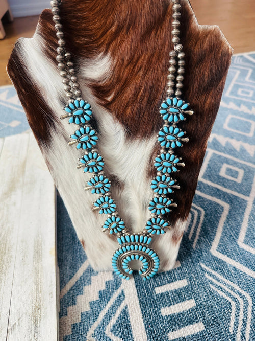 Vintage Old Pawn Navajo Turquoise & Sterling Silver Beaded Squash Blossom Necklace