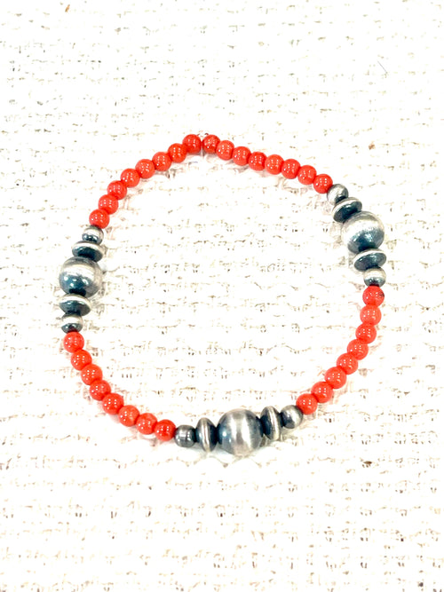 ** 4TH OF JULY ** Handmade Sterling Silver & Coral Beaded Bracelet with Signed Nizhoni