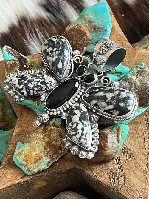 Apache Sterling Silver, White Buffalo and Black Onyx Butterfly Pendant by Rosella Paxson