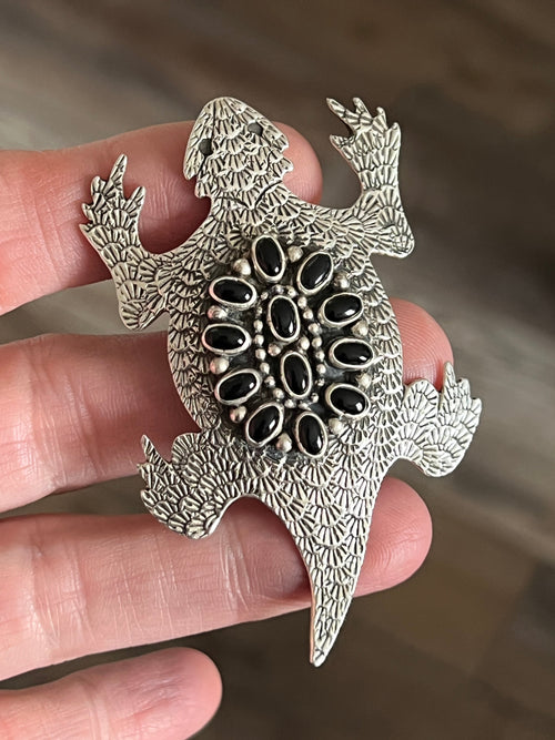 Handcrafted Sterling Silver and Stone Horned Toad Pin and Pendant by Lee Charley, Turquoise or Onyx
