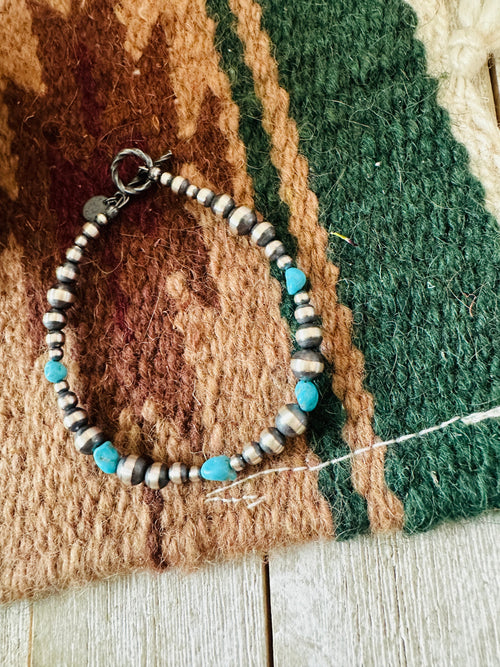 Navajo Sterling Silver Pearl & Turquoise Beaded Bracelet