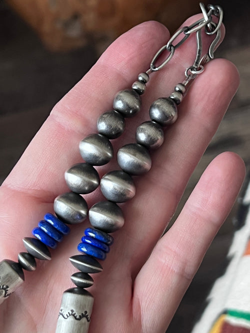 Handcrafted Sterling Silver and Lapis Lazuli Single Strand Beaded Statement Necklace by Rose Martin, 16” + 2”