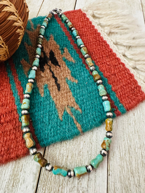 Handcrafted Kingman Turquoise & Sterling Silver Pearl 6mm Beaded Necklace 18"