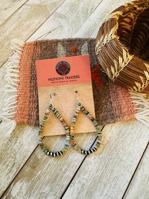 Navajo Turquoise, Spiny & Sterling Silver Beaded Teardrop Hoop Earrings