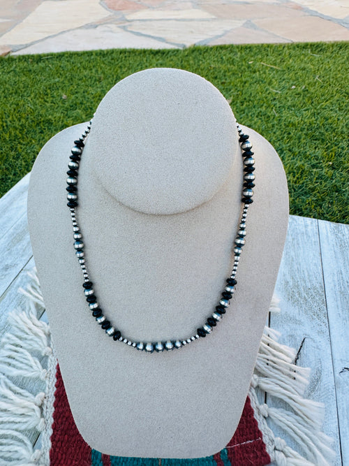 Handcrafted Sterling Silver Pearl & Onyx Beaded 16” Necklace