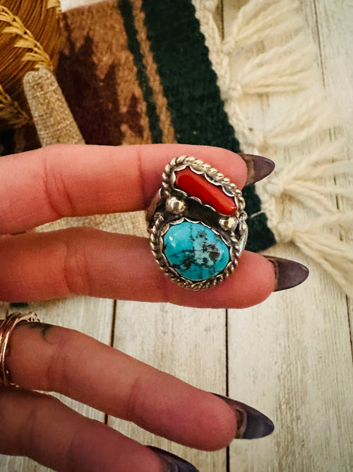 Old Pawn Handcrafted Turquoise, Coral & Sterling Silver Ring Size 9