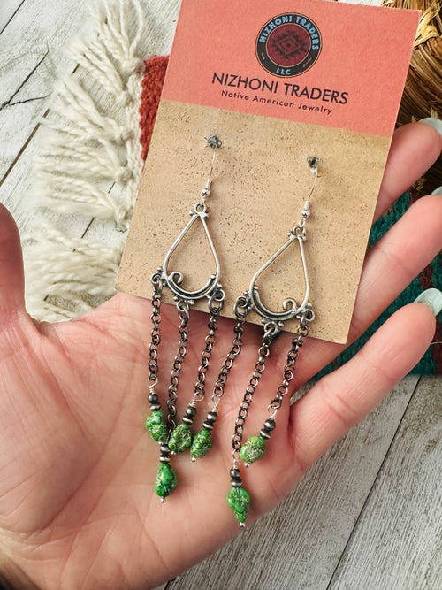 Navajo Sonoran Gold Turquoise & Sterling Silver Beaded Dangle Earrings