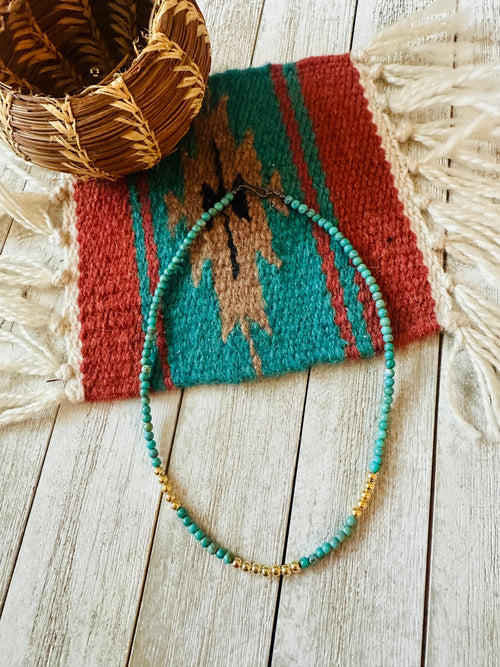 Handcrafted Turquoise & Gold Beaded 16” Necklace
