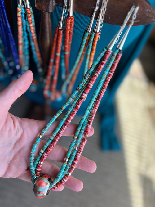 Daniel Coriz Triple Strand Spiny Oyster and Turquoise Beaded Necklace w/ Removable Sterling Silver & Stone Inlay Bead