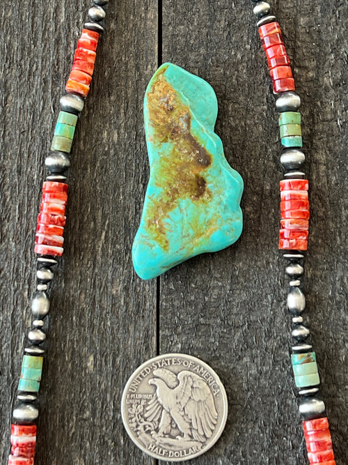 Navajo Electric Rainbow Sterling Silver, Turquoise and Spiny Oyster Single Strand Beaded Necklace by Rose Martin, 26 + 2 Inches