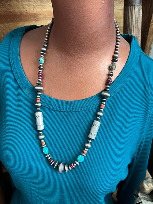 Handcrafted Sterling Silver, Kingman Turquoise and Spiny Oyster Shell Handcrafted Electric Rainbow Beaded Necklace by Rose Martin, 26 + 1-1/2 inch