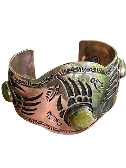 Handcrafted Old Pawn Sterling Silver and Royston Turquoise Overlay Bear Paw Cuff Bracelet by Charlie Bowie /