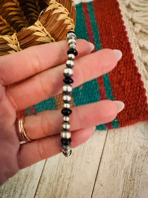 Navajo Black Onyx and Sterling Silver Pearl Beaded Bracelet