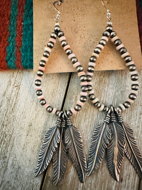 Queen Pink Conch & Sterling Silver Pearl Feather Beaded Hoop Earrings