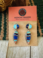 Old Pawn Navajo Sterling Silver & Multi Stone Inlay Dangle Earrings