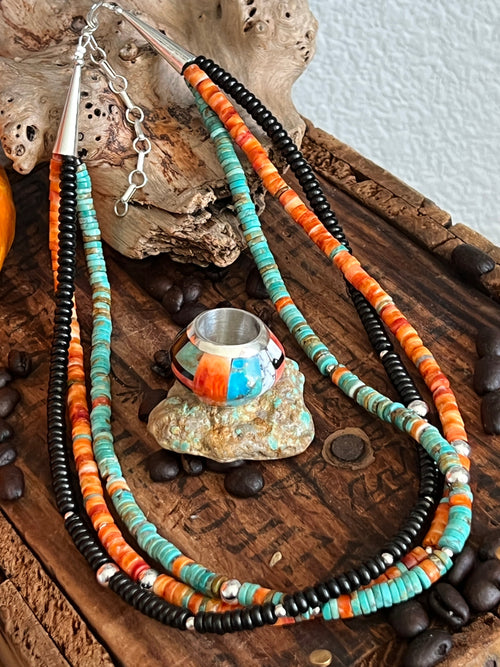 Daniel Coriz Triple Strand Spiny Oyster, Onyx and Turquoise Beaded Necklace w/ Removable Sterling Silver & Stone Inlay Bead