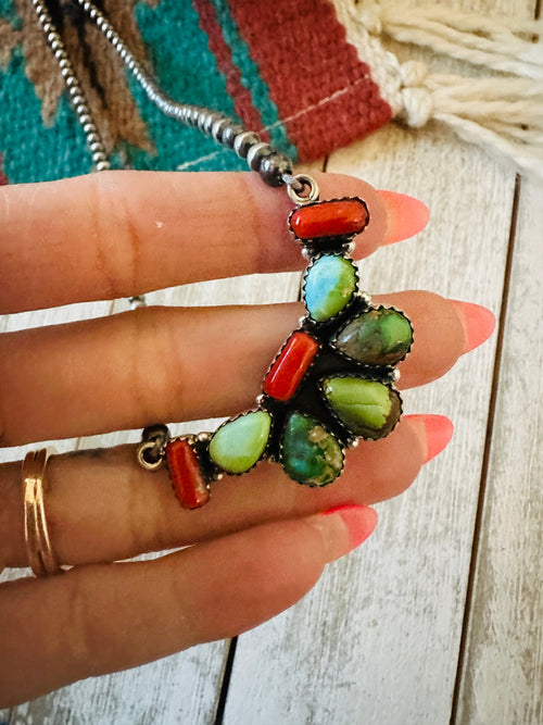 ** Christmas Collection ** Handmade Sterling Silver, Turquoise & Coral Necklace Signed Nizhoni